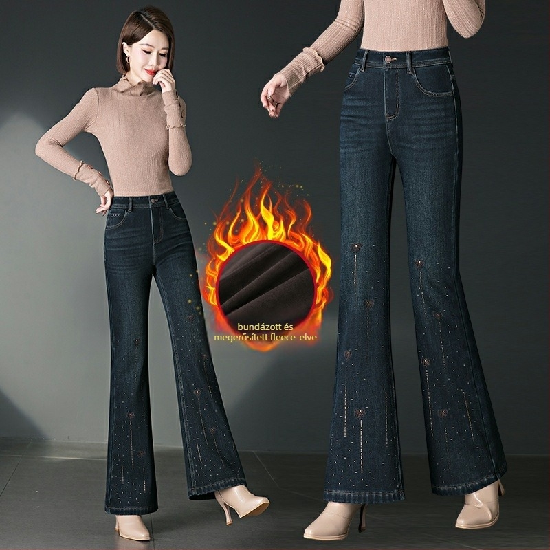 Denim nadrág mikro harang szabású és rhinestone díszítéssel – vast denim, pamut-poliészter, magas vagy közepes derék, hosszú, közepes elasztikusság