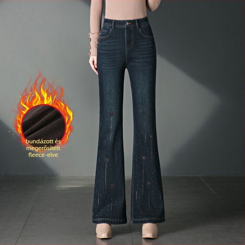 Denim nadrág mikro harang szabású és rhinestone díszítéssel – vast denim, pamut-poliészter, magas vagy közepes derék, hosszú, közepes elasztikusság