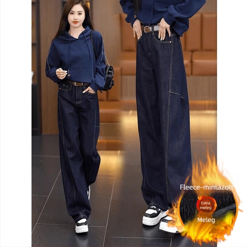 Fleece-béléssel bélelt, vastagított farmernadrág, ívelt szélű, körte alakú testhez, magas derekú, széles lábszárú