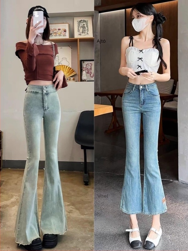 Denim nadrág, magas derekú, egyenes szárú, enyhén bővülő, mikroelasztikus, enzimes mosás