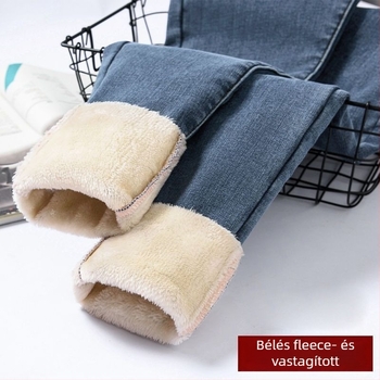 Női magas derekú farmernadrág fleece-betéttel, pamut-denim anyagból, vastagított, ceruza szabású