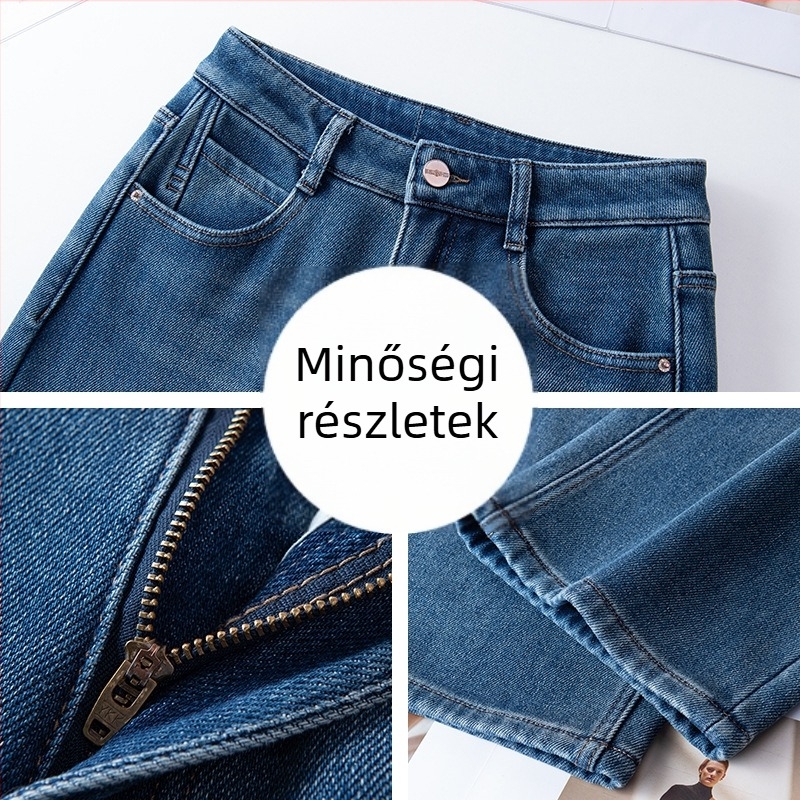 Velúr béléssel ellátott denim farmernadrág, magas derék, széles szár, mikro-elasztikusság, téli 2025 kiadás