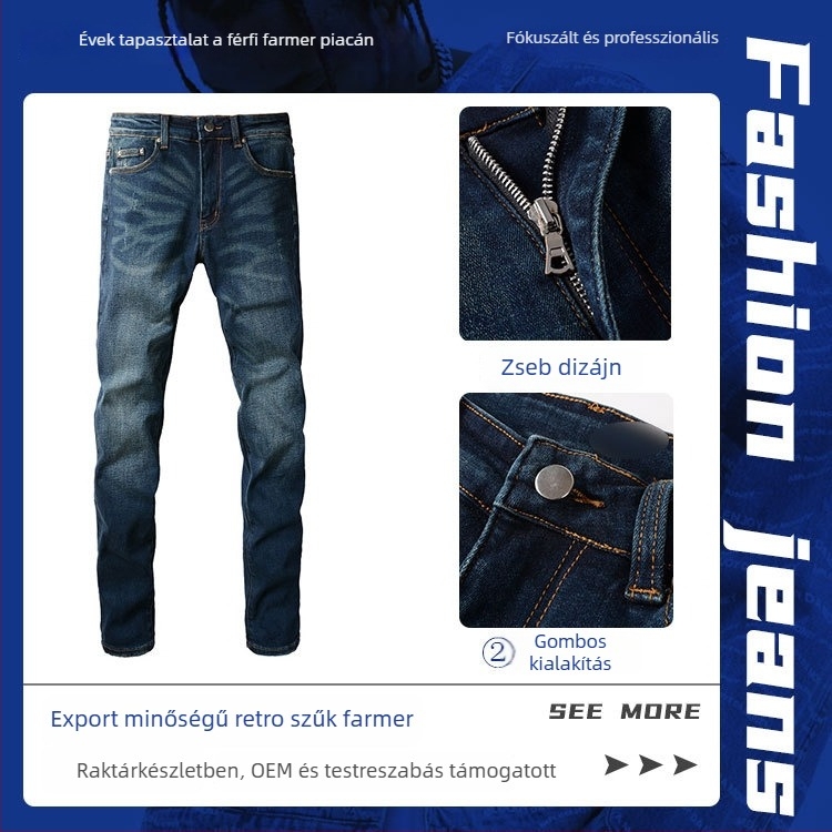 Férfi farmernadrág – retro stílus, slim fazon, denim, 98% pamut
