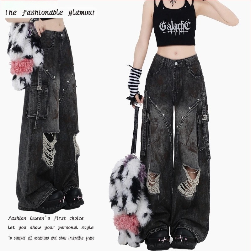 Női denim farmernadrág, magas derekú, széles szárú, 90–95% pamut