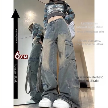 Magas derekú egyenes szabású farmernadrág denim-poliészter keverék, kolázs részlet
