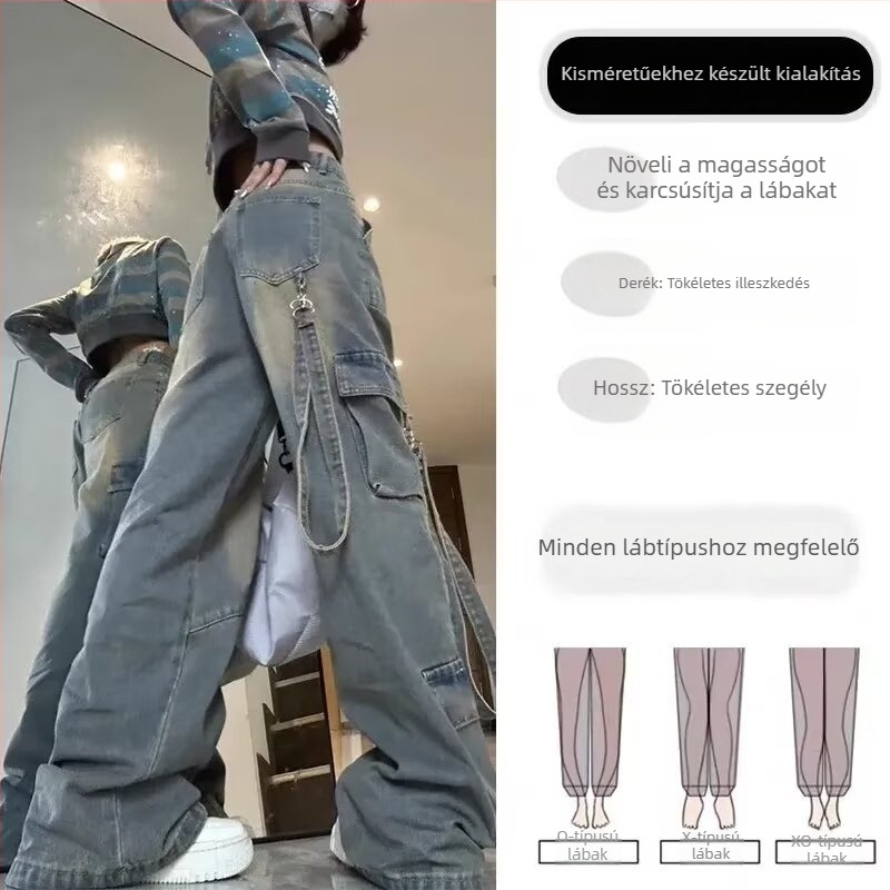 Magas derekú egyenes szabású farmernadrág denim-poliészter keverék, kolázs részlet