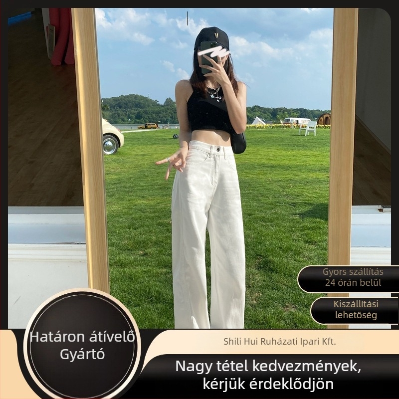 Női magas derekú egyenes szabású farmer, denim, 30-50% poliészter, 2025 tavasz, japán-koreai lazább stílus