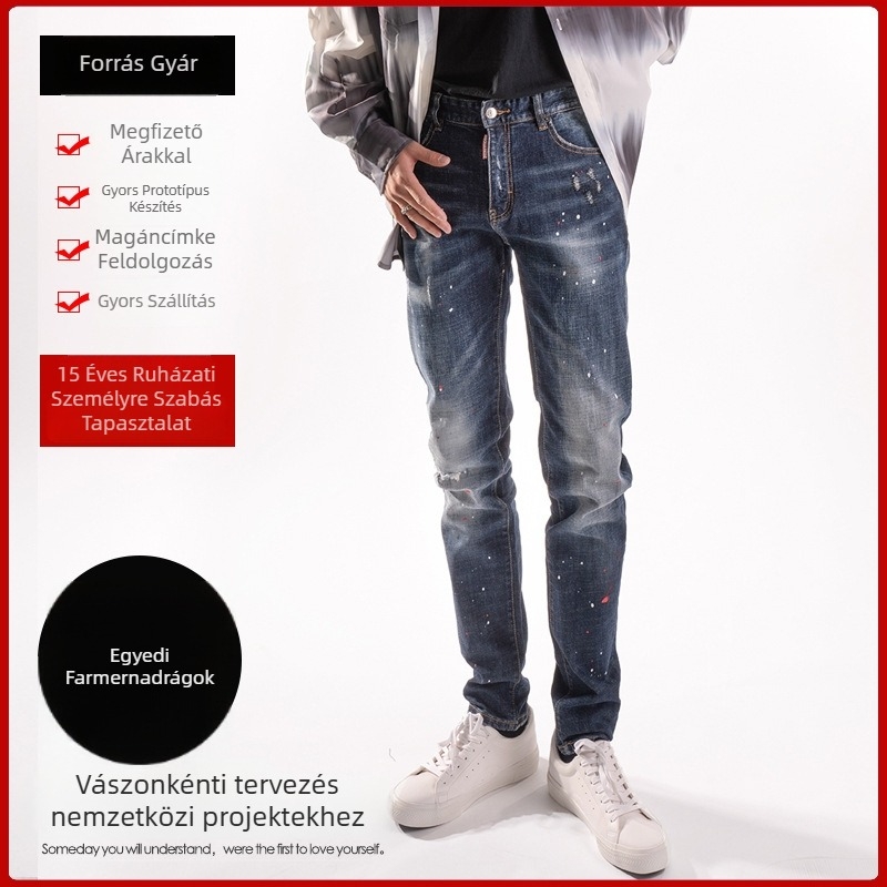 Férfi denim farmer, kopott hatású és tintafújásokkal díszített, slim fit, középmagas derék, keskenyedő lábszár