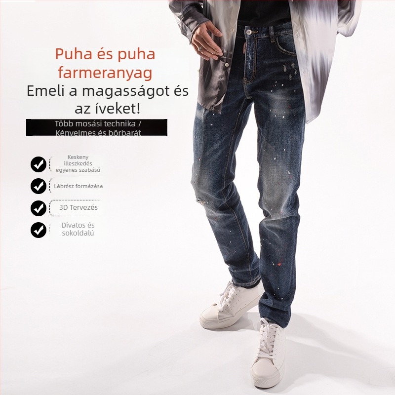 Férfi denim farmer, kopott hatású és tintafújásokkal díszített, slim fit, középmagas derék, keskenyedő lábszár
