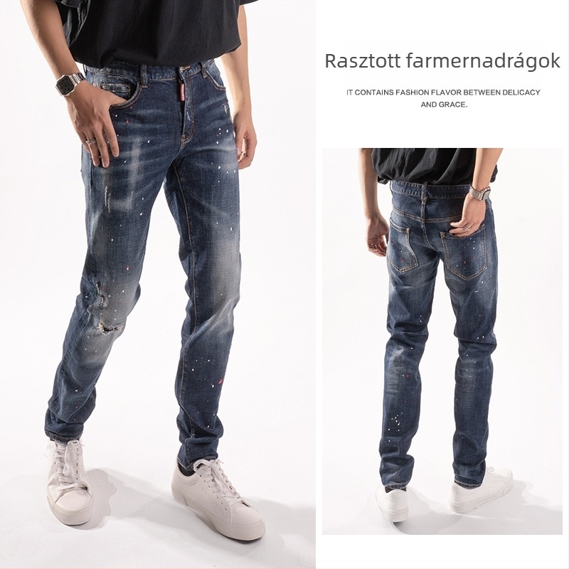 Férfi denim farmer, kopott hatású és tintafújásokkal díszített, slim fit, középmagas derék, keskenyedő lábszár