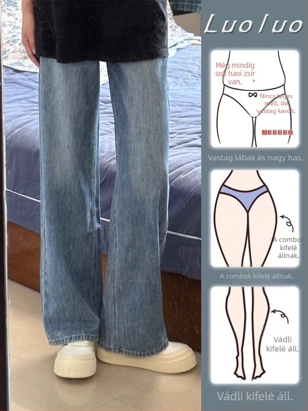 Női farmer denim anyagból 50–70% elasztánnal, magas derék, egyenes fazon, városi mindennapi stílus
