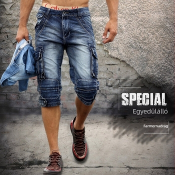 Crop denim rövidnadrág, több zsebbel, középmagas derék, 95% pamut