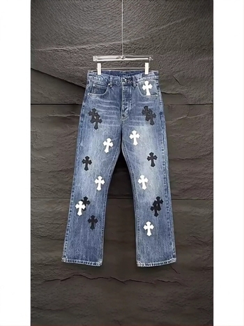 Amerikai stílusú lazán szabott denim férfi nadrág, vintázs mosott kék, keresztes részlettel, egyenes szár