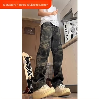 Nadrág, egyenes szabás, mosott denim, alacsony derék, férfiaknak, tavasz