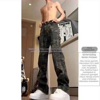 Nadrág, egyenes szabás, mosott denim, alacsony derék, férfiaknak, tavasz