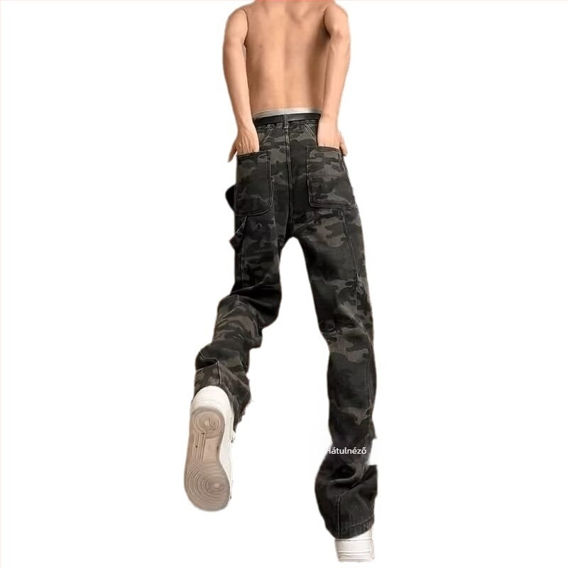Nadrág, egyenes szabás, mosott denim, alacsony derék, férfiaknak, tavasz