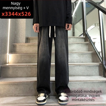 Férfi egyenes nadrág farmer, középmagas derekú, mosott pamut denim, mikroelasticitás, húzózsinóros zárás