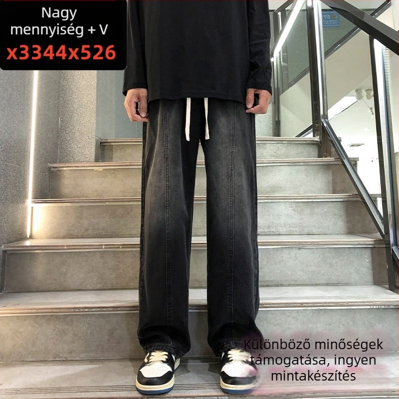 Férfi egyenes nadrág farmer, középmagas derekú, mosott pamut denim, mikroelasticitás, húzózsinóros zárás