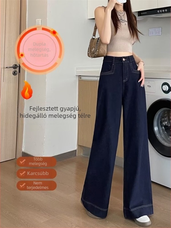 Női sötétkék denim széles lábú farmer, fleece béléssel, magas derékkal, rugalmas, laza egyenes szabás, 2026 ősz-tél
