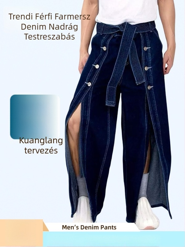 Utcai streetwear farmernadrág, széles szabás, középmagas derék, gombos zárás