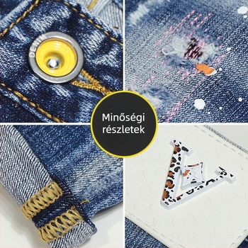 Kontrasztos festékkal díszített farmernadrág, pamut-stretch denim, slim-fit, középmagas derék, cipzáras zárás