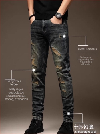 Farmernadrág: fiatalos stílus, egyenes szárú, mosott denim, középső derék, cipzáras záródás, enyhe elasztikusság