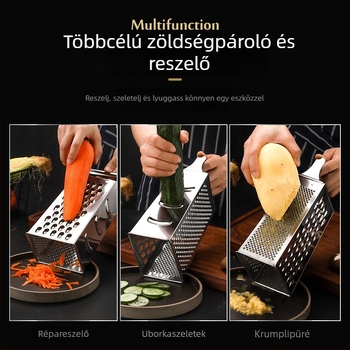Többfunkciós konyhai szeletelő és reszelő 430 rozsdamentes acélból, többoldalas pengékkel.