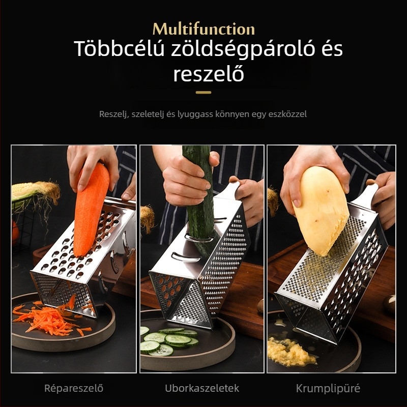 Többfunkciós konyhai szeletelő és reszelő 430 rozsdamentes acélból, többoldalas pengékkel.
