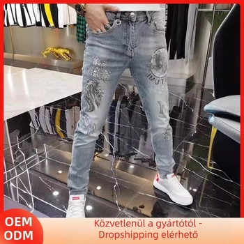 Férfi farmernadrág denim, koreai stílusú, slim-fit, egyenes szár, 80% pamut