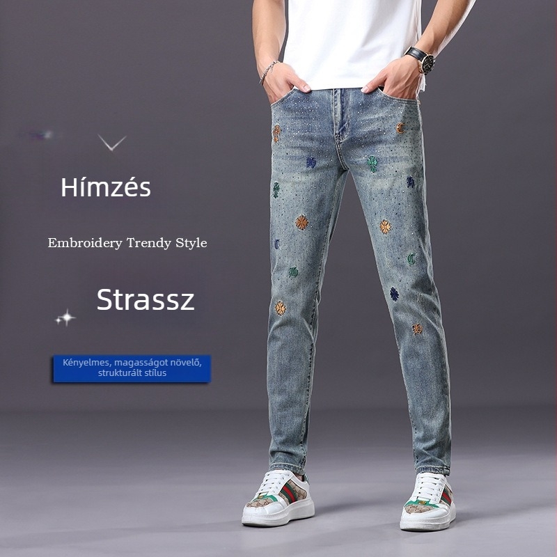 Férfi farmernadrág – Slim-fit, Hímzés, Mosott denim, Középső derék, Pamut