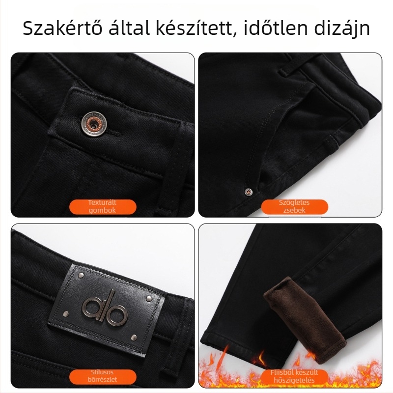Férfiaknak szóló egyenes szárú farmer, fleece-lal borított, téli, chenille pamut anyag, mikroelasztikus