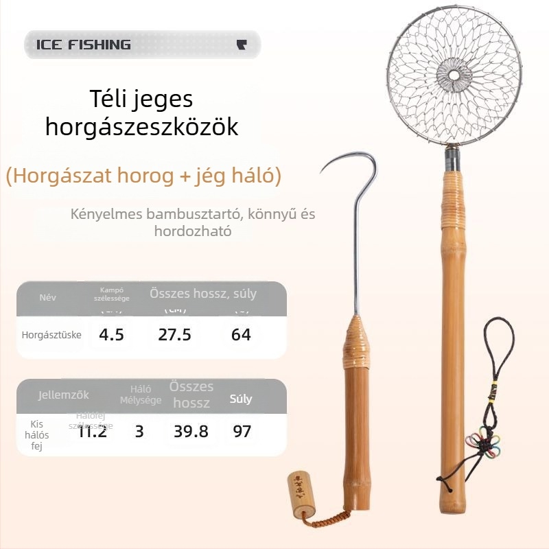 Téli jéghorgászati felszerelés: jégkanál, merítőháló, levehető, PU anyag