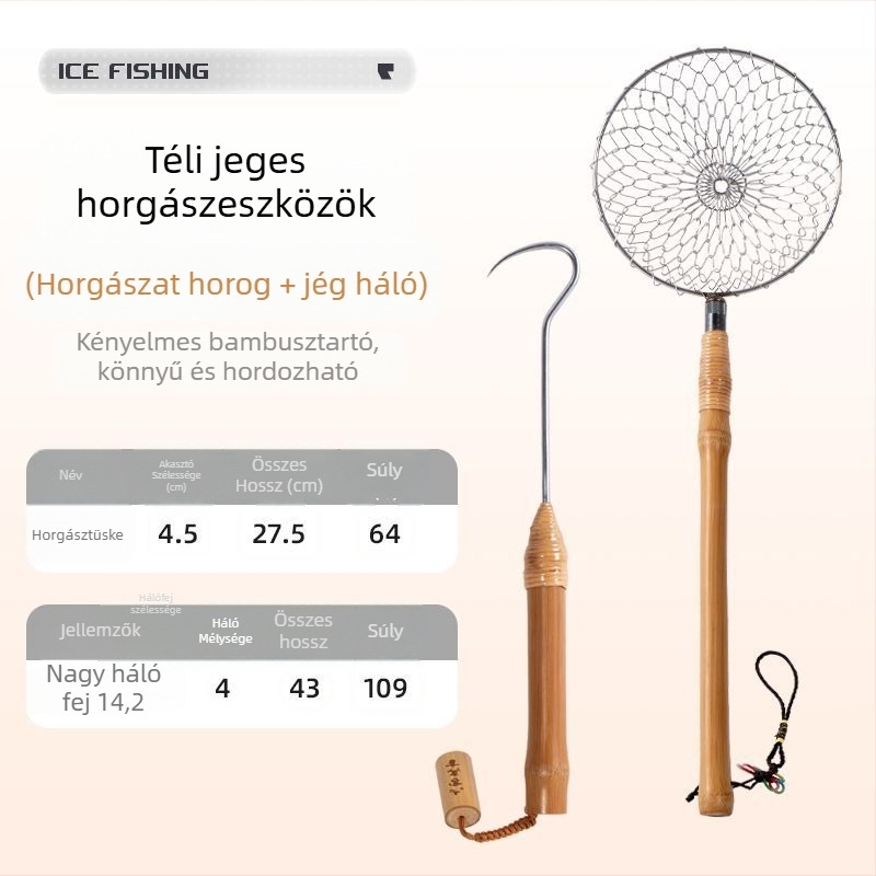 Téli jéghorgászati felszerelés: jégkanál, merítőháló, levehető, PU anyag