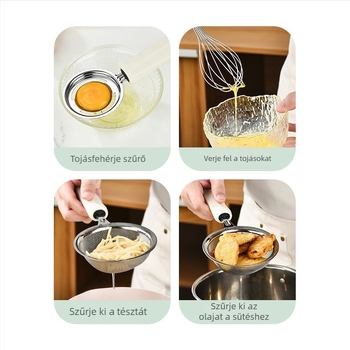 Rozsdamentes acélból készült három darabos sütőkészlet tojásfehérje szeparátorral, tojáshabverővel és multifunkciós szűrővel (nem elektromos)