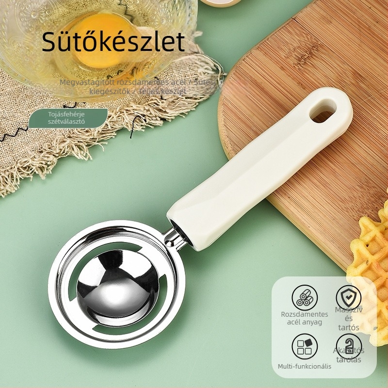 Rozsdamentes acélból készült három darabos sütőkészlet tojásfehérje szeparátorral, tojáshabverővel és multifunkciós szűrővel (nem elektromos)