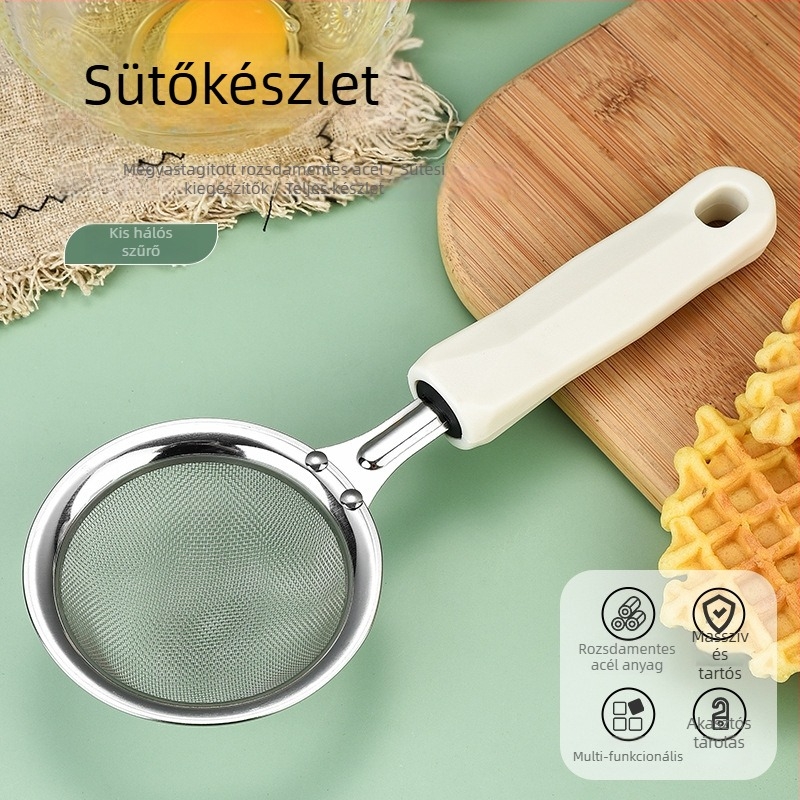 Rozsdamentes acélból készült három darabos sütőkészlet tojásfehérje szeparátorral, tojáshabverővel és multifunkciós szűrővel (nem elektromos)