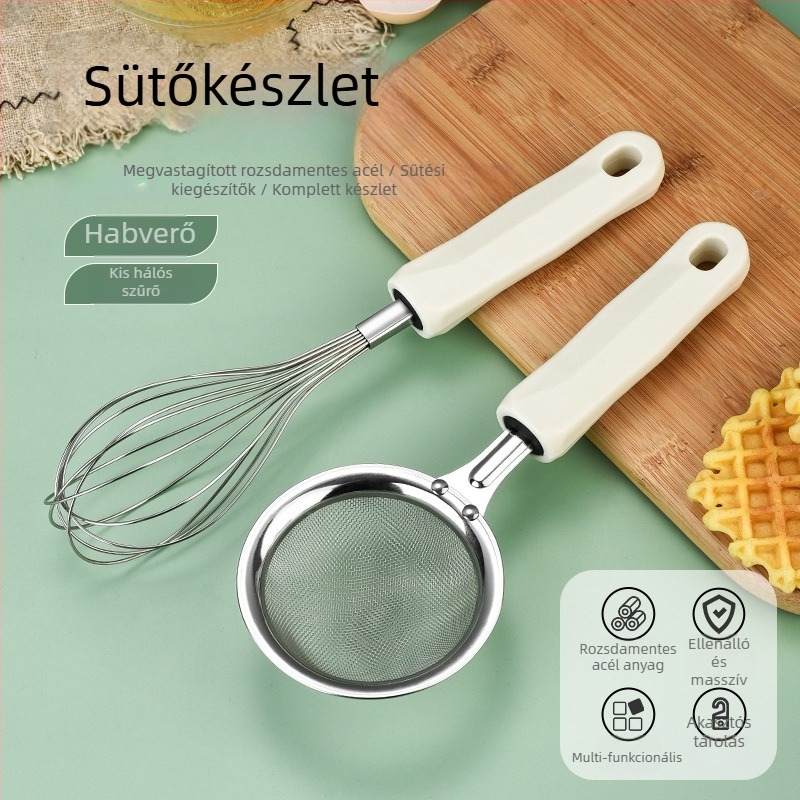 Rozsdamentes acélból készült három darabos sütőkészlet tojásfehérje szeparátorral, tojáshabverővel és multifunkciós szűrővel (nem elektromos)