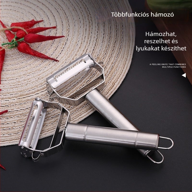Rozsdamentes acélból készült kétfejű reszelő és 3-in-1 hámozó – konyhai eszköz gyümölcsökhöz és burgonyához