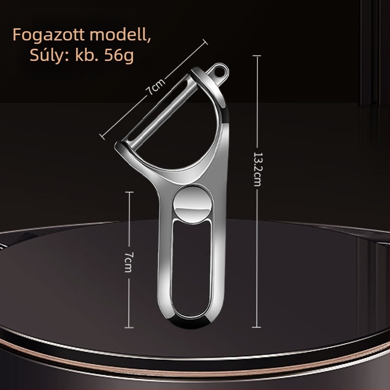 Cinkötvözetből készült többfunkciós gyümölcs- és zöldséghámozó, sík kialakítású konyhai eszköz, logónyomtatás, licencelt magáncímke