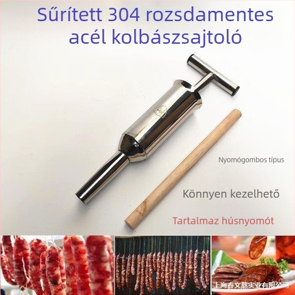 Otthoni kolbász töltő készülék tölcsérrel és töltőcsővel, rozsdamentes acélból