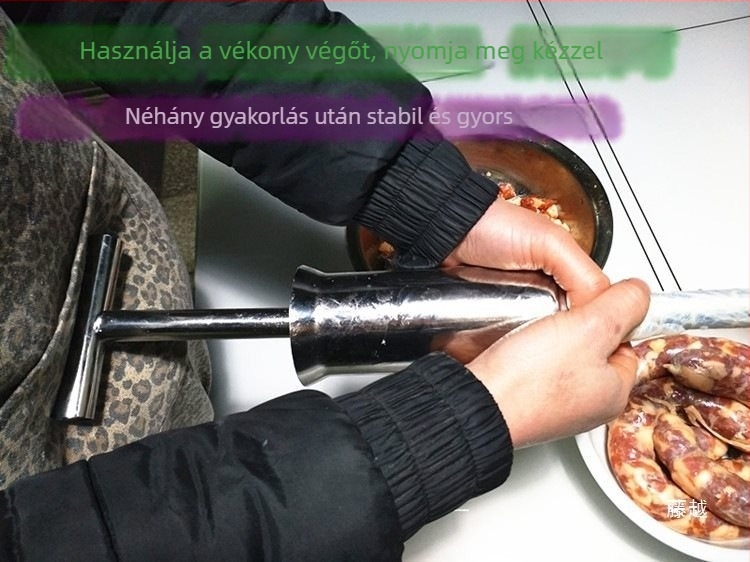 Otthoni kolbász töltő készülék tölcsérrel és töltőcsővel, rozsdamentes acélból