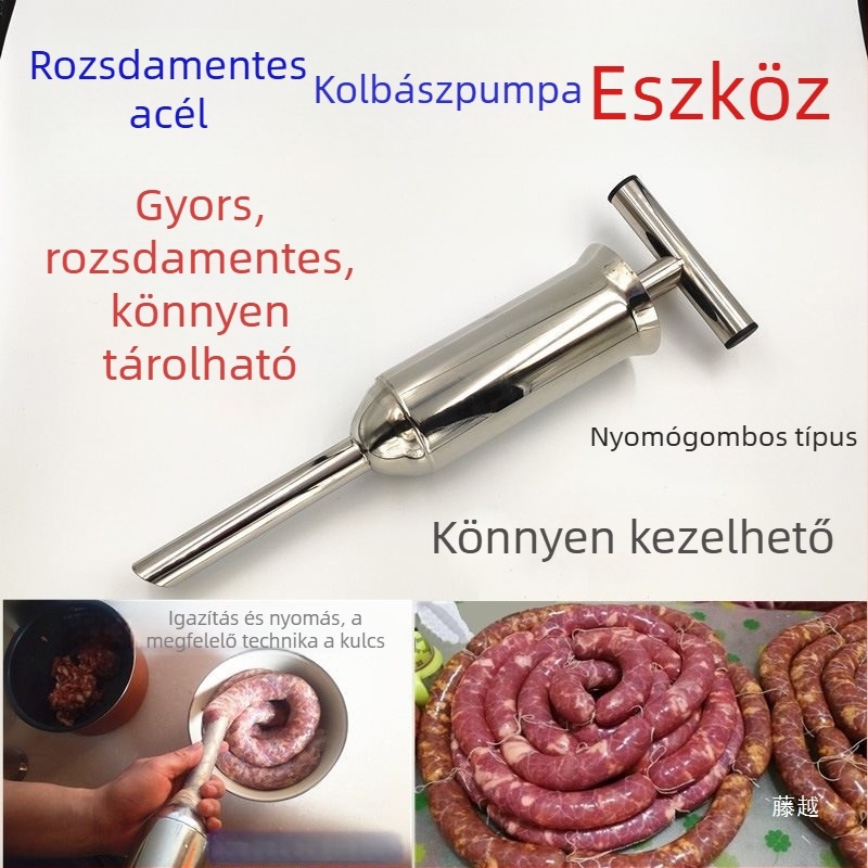 Otthoni kolbász töltő készülék tölcsérrel és töltőcsővel, rozsdamentes acélból