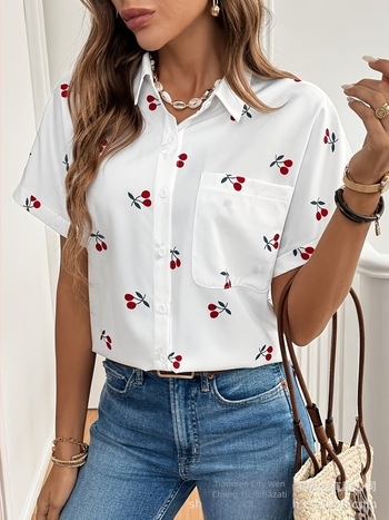 Női ing poliészterből, rövid ujjú, nyomtatás, laza szabás, alap/üzleti stílus, 2025 tavasz