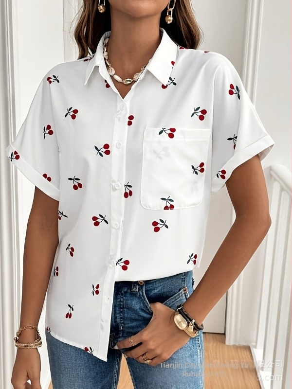 Női ing poliészterből, rövid ujjú, nyomtatás, laza szabás, alap/üzleti stílus, 2025 tavasz