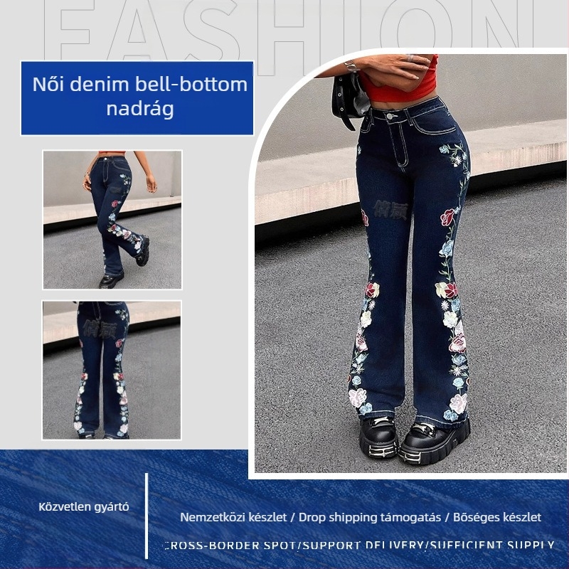 Hímzett denim farmernadrág, szűk fazon mikro-flare, középmagas derék, 70–80% pamut
