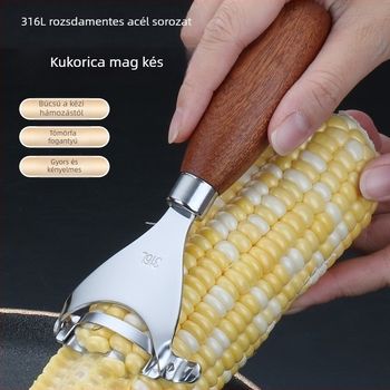 Kukoricahámozó eszköz, hordozható konyhai használatra, 316-os rozsdamentes acél, fa fogantyú, kézi működtetés, többfunkciós