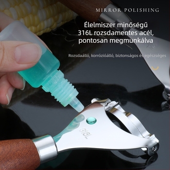 Kukoricahámozó eszköz, hordozható konyhai használatra, 316-os rozsdamentes acél, fa fogantyú, kézi működtetés, többfunkciós
