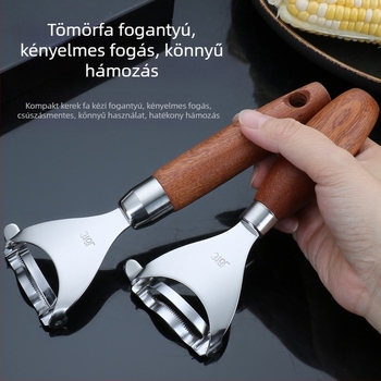 Kukoricahámozó eszköz, hordozható konyhai használatra, 316-os rozsdamentes acél, fa fogantyú, kézi működtetés, többfunkciós