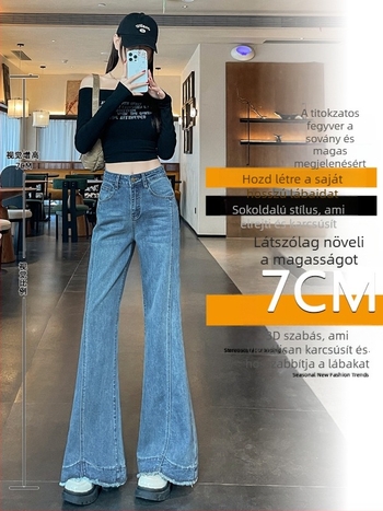 Női magas derekú, enyhén szélesedő szárú farmer, denim, cipzár, rugalmas anyag, tavasz-őszi 2025