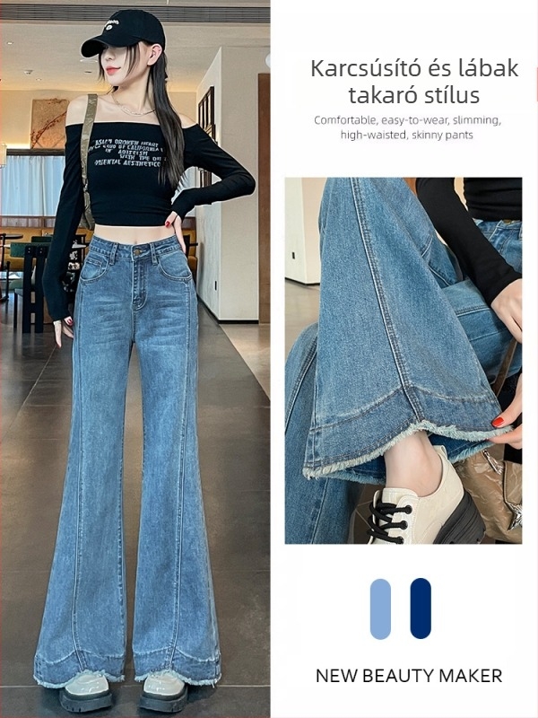 Női magas derekú, enyhén szélesedő szárú farmer, denim, cipzár, rugalmas anyag, tavasz-őszi 2025